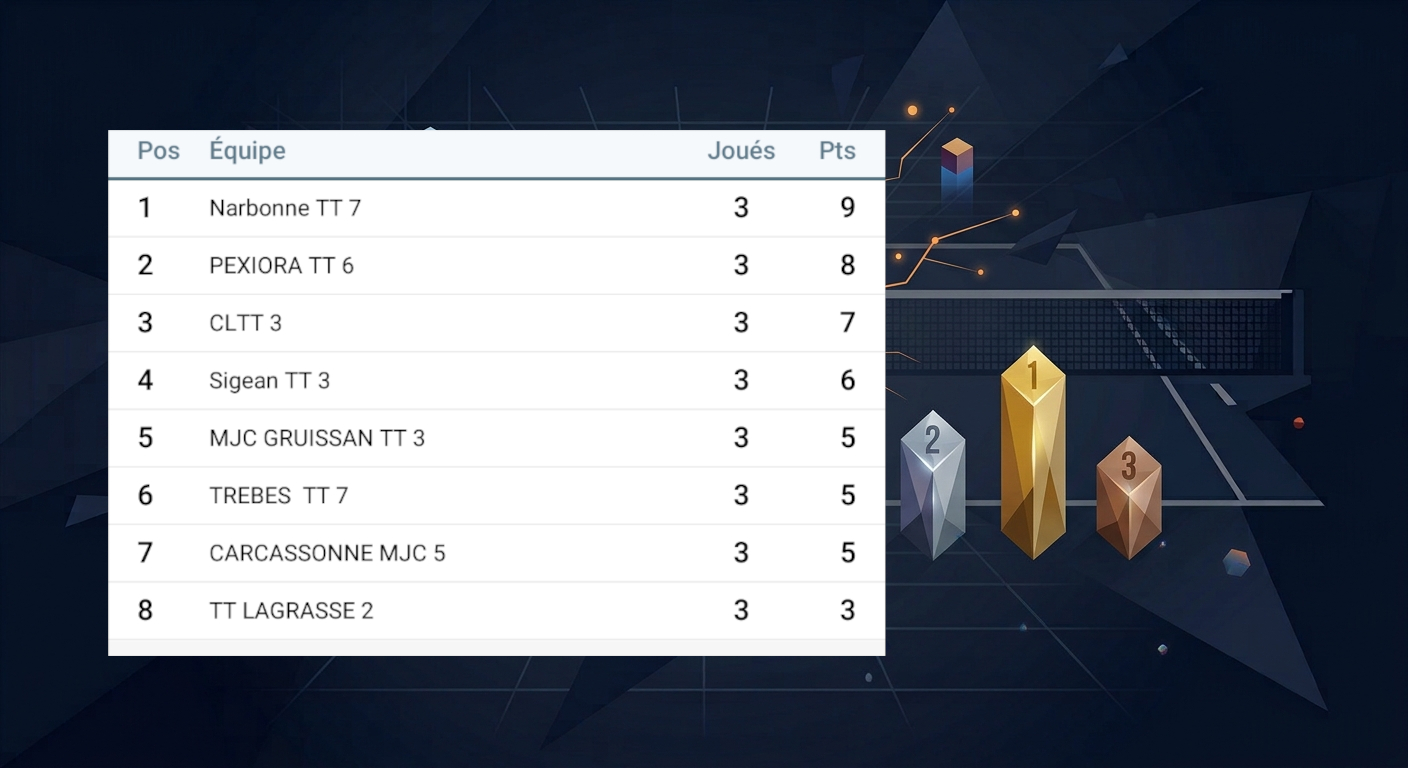 Classement de la poule de Départemental 3 de Pexiora 6 après la J3, avec un podium en arrière-plan